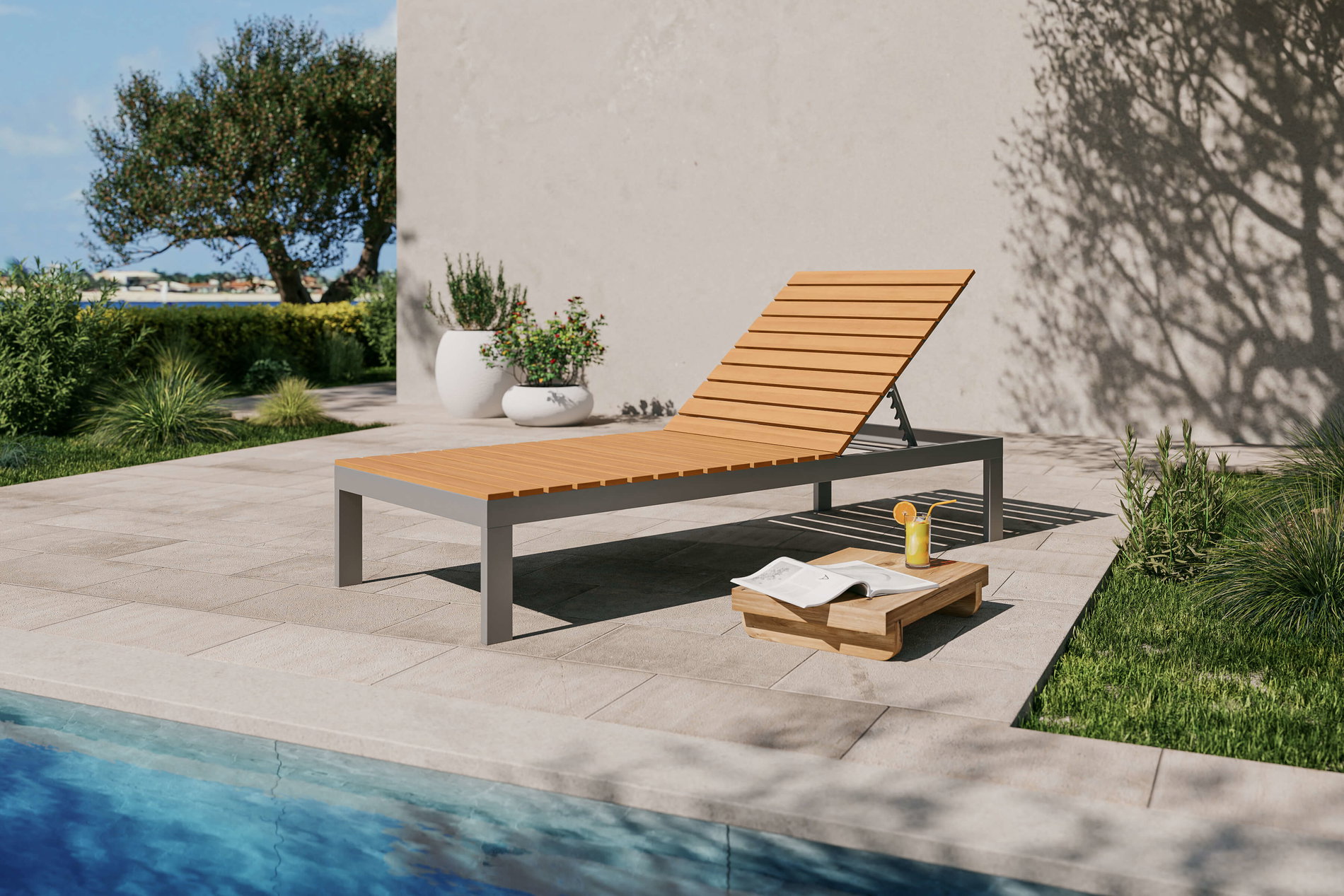 VILLANA Tasmania Tumbona, Plata, Aluminio/Eucalipto, alta capacidad de carga, respaldo regulable horizontalmente, producto certificado FSC®