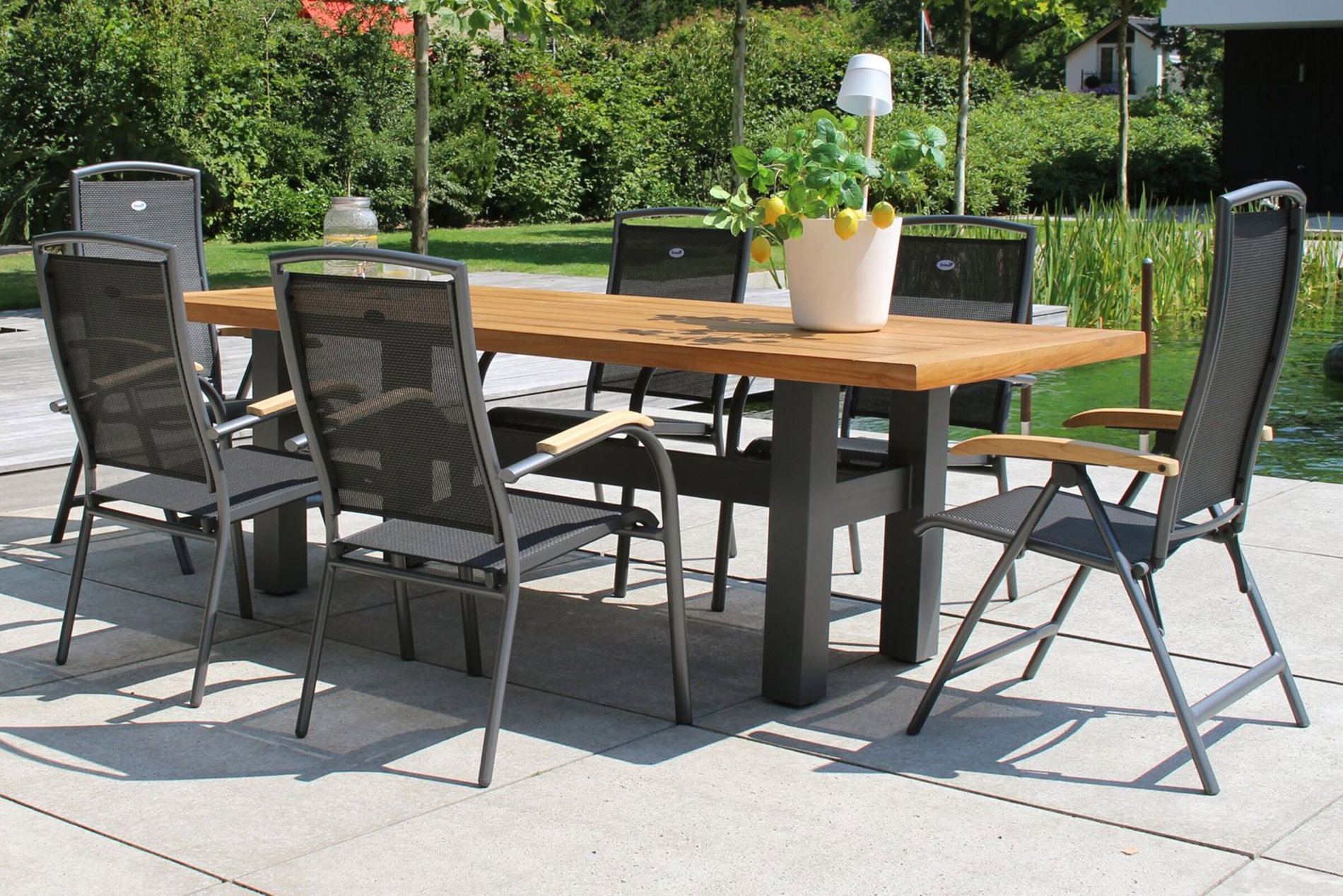 HARTMAN Modelo especial Yasmani/Raffaelo Conjunto de comedor de jardín, xerix, Alu/Madera de teca, 240x100cm, 4 apilables, 2 sillas plegables 19041__1