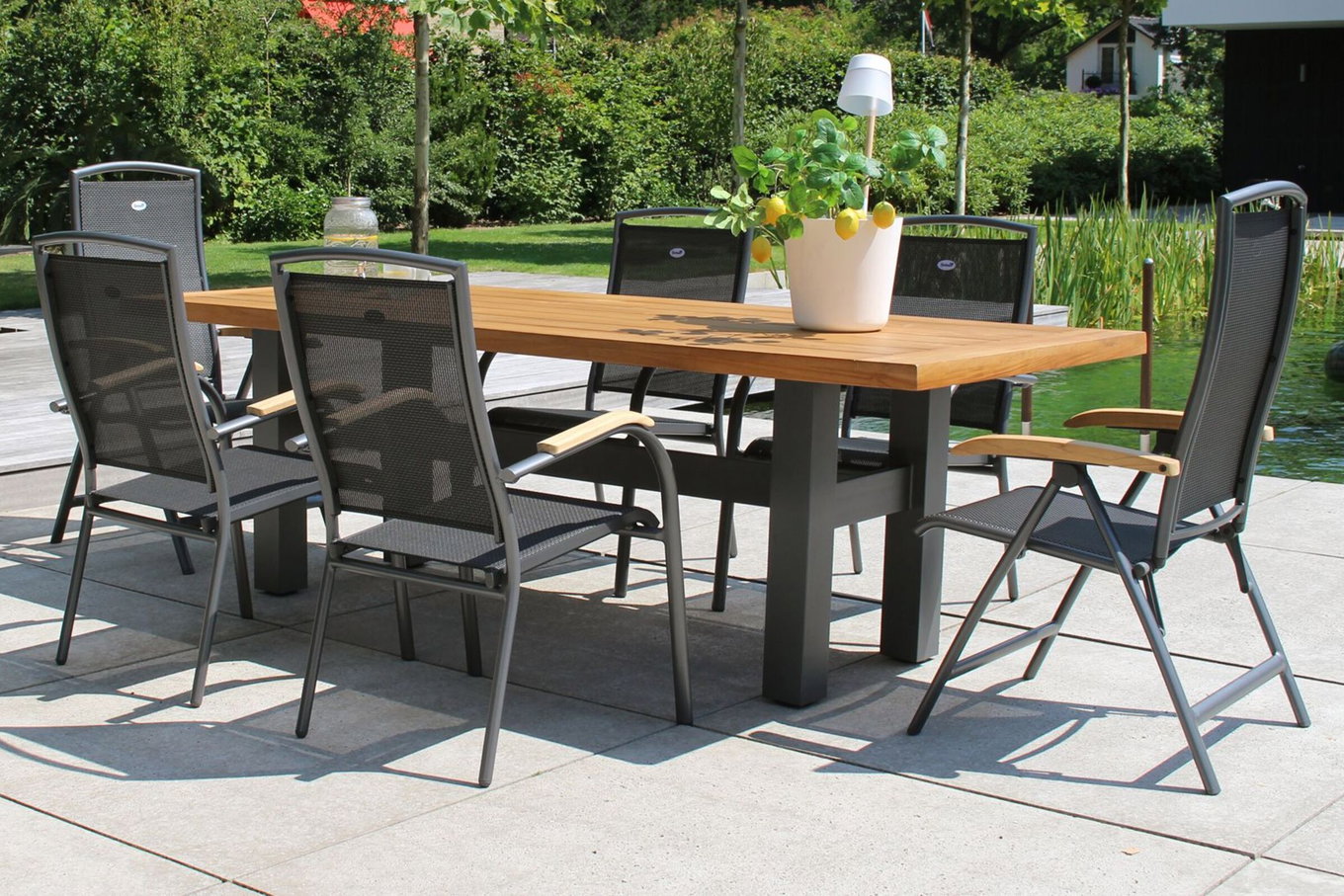 HARTMAN Modelo especial Yasmani/Raffaelo Conjunto de comedor de jardín, xerix, Alu/Madera de teca, 240x100cm, 4 apilables, 2 sillas plegables 19041__1