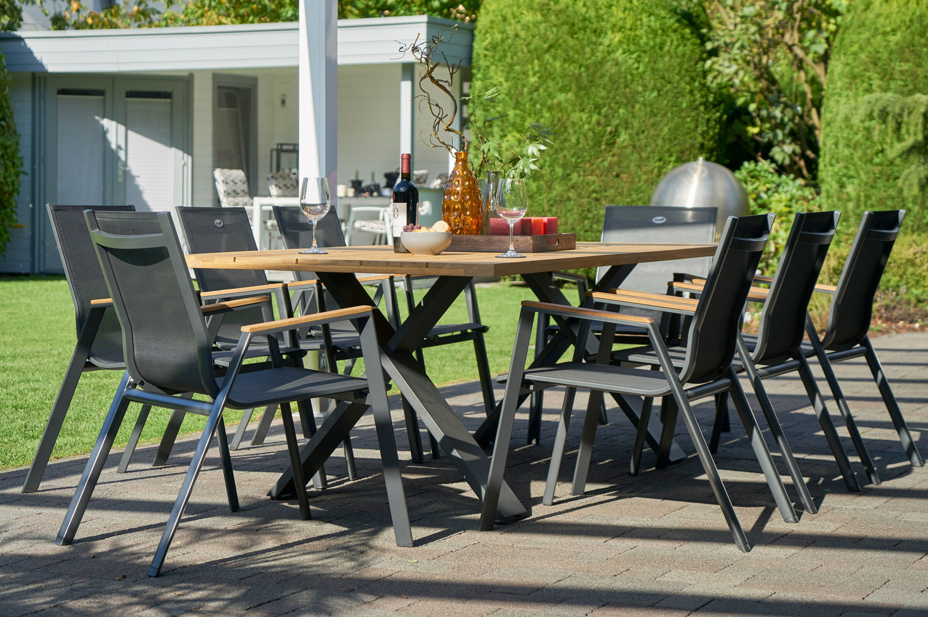 HARTMAN Xanadu / Aruba Conjunto, xerix/antracita, Alu/Madera de teca, 8 sillas apilables, reposabrazos de teca, 220x100cm 21172__1