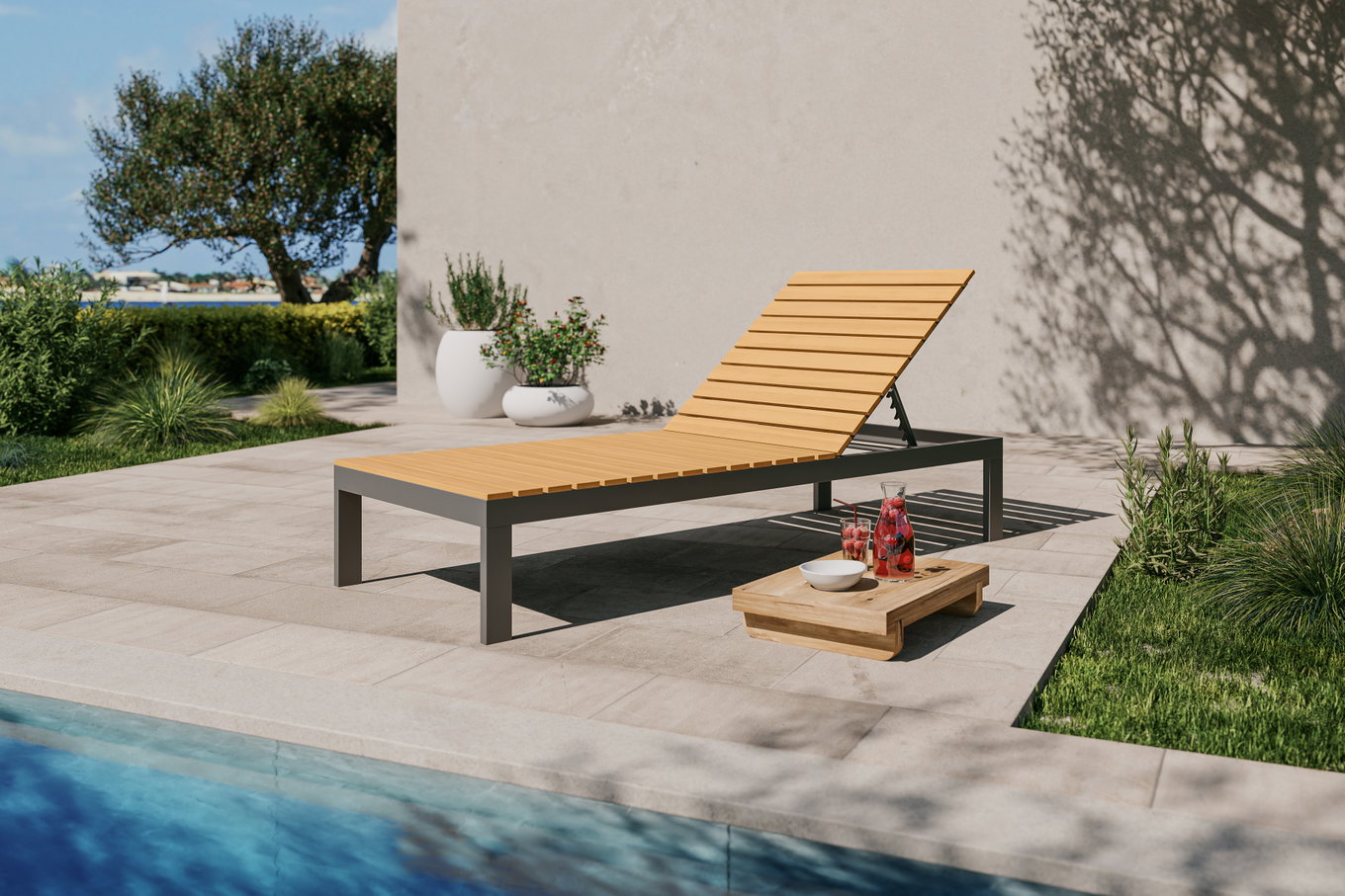 Tumbona de jardín VILLANA Tasmania, gris oscuro, aluminio/eucalipto, repelente al agua, respaldo reclinable, producto certificado FSC® 80125__1