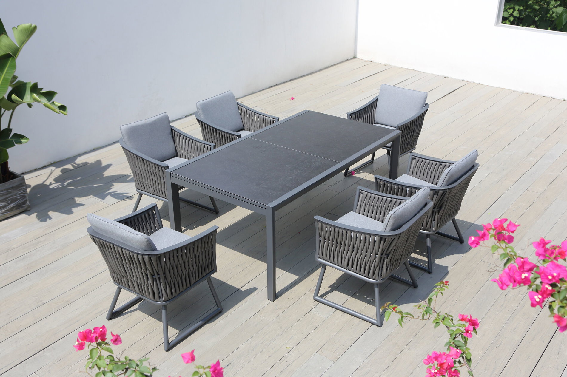 OUTFLEXX Conjunto de comedor de jardín, antracita, aluminio, mesa extensible 180/270x100 cm, 6 sillones