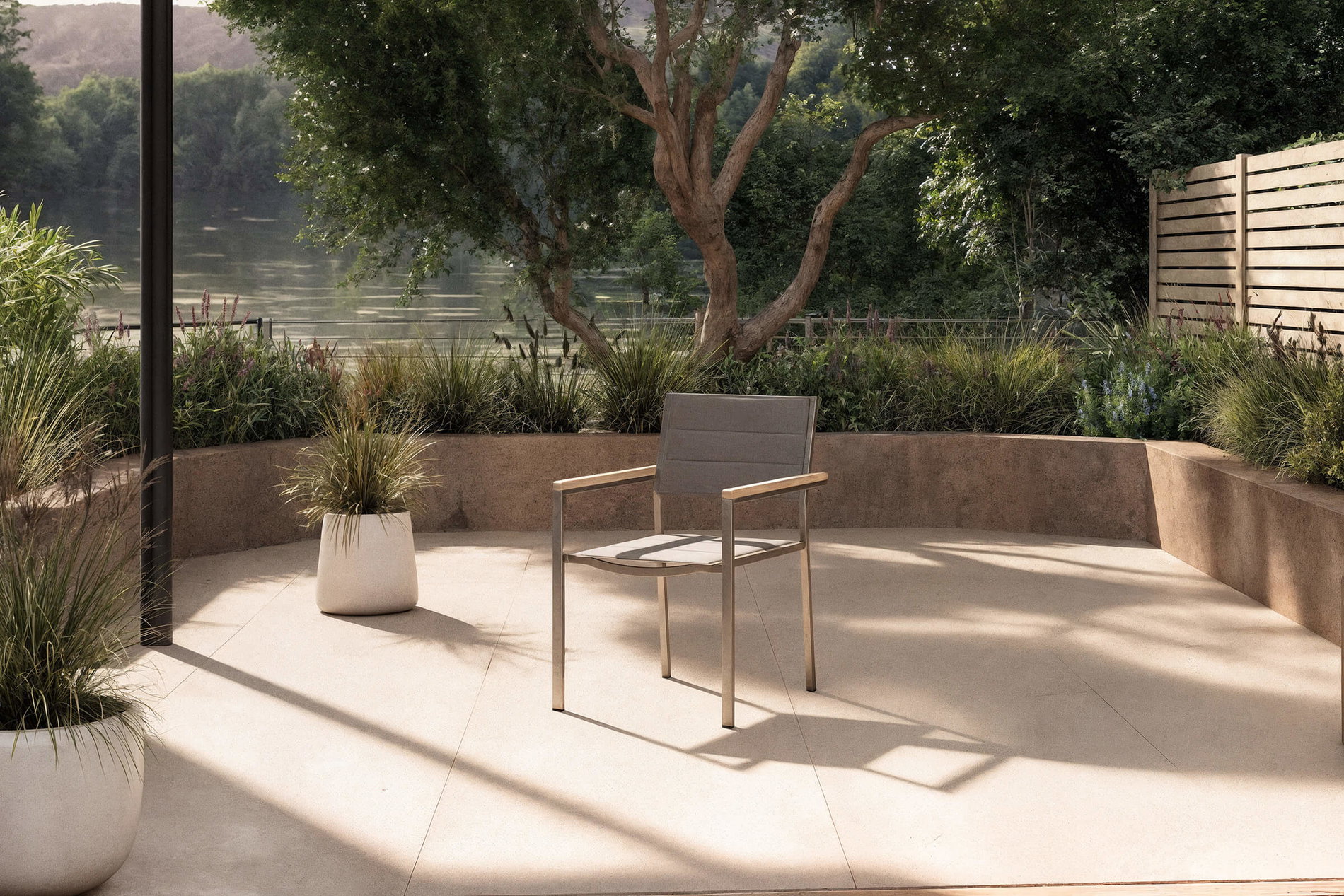 OUTFLEXX Silla, topo, acero inoxidable/textilene, acolchada, reposabrazos de madera de teca, 62x56,5x86cm