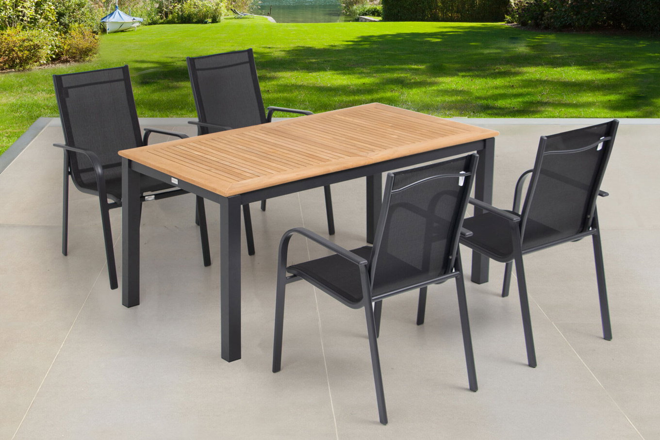 OUTFLEXX Conjunto de comedor de jardín, OUTFLEXX® antracita mate, Alu / Teca / Textil, Mesa 150/210x90cm, 4 Sillas, apilables 22182__1