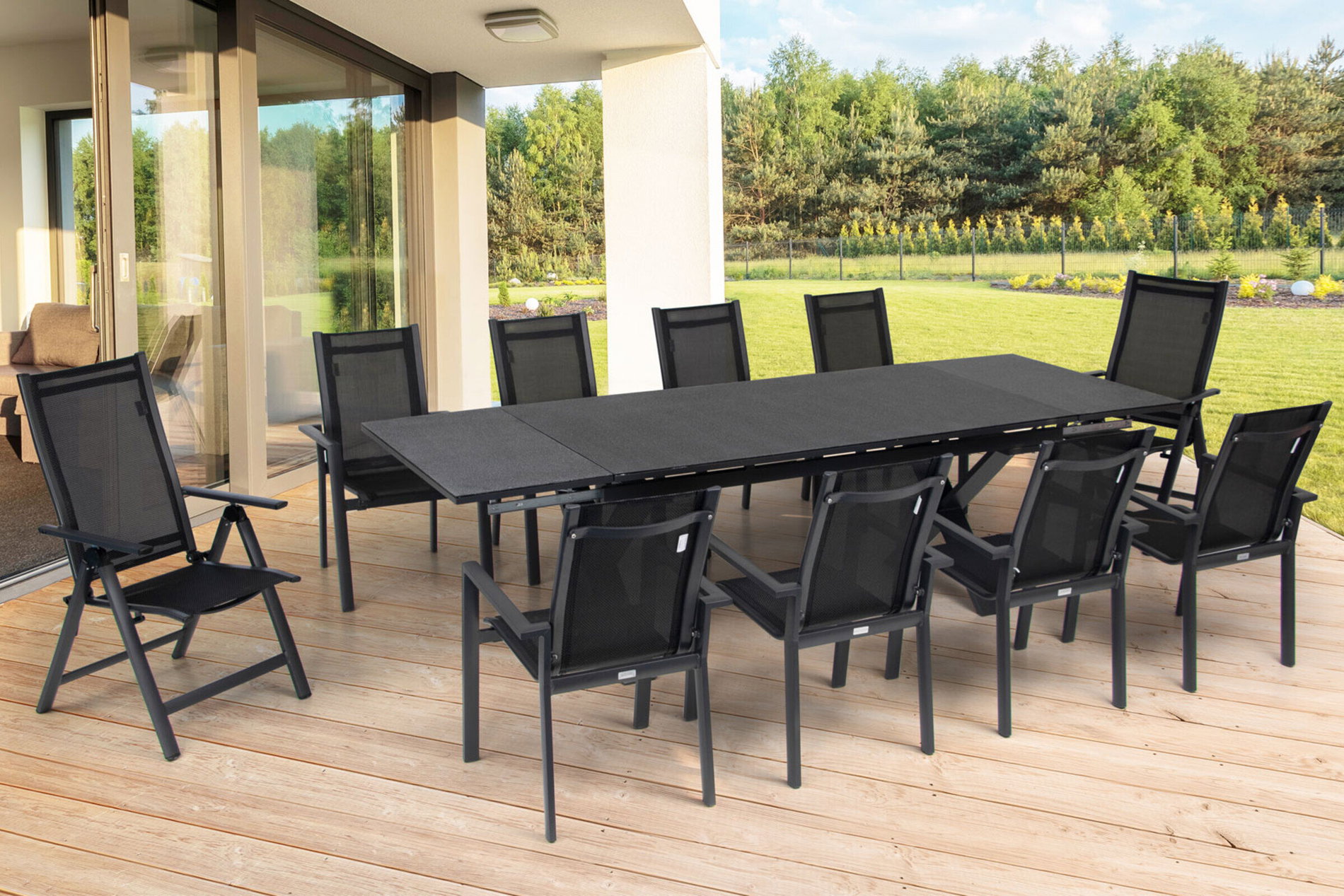 OUTFLEXX Conjunto de comedor para jardín, OUTFLEXX® antracita mate, Alu / Spraystone / Textil, Mesa 180/280 x 100 cm, 8 sillas apilables, 2 sillas plegables 22142__1