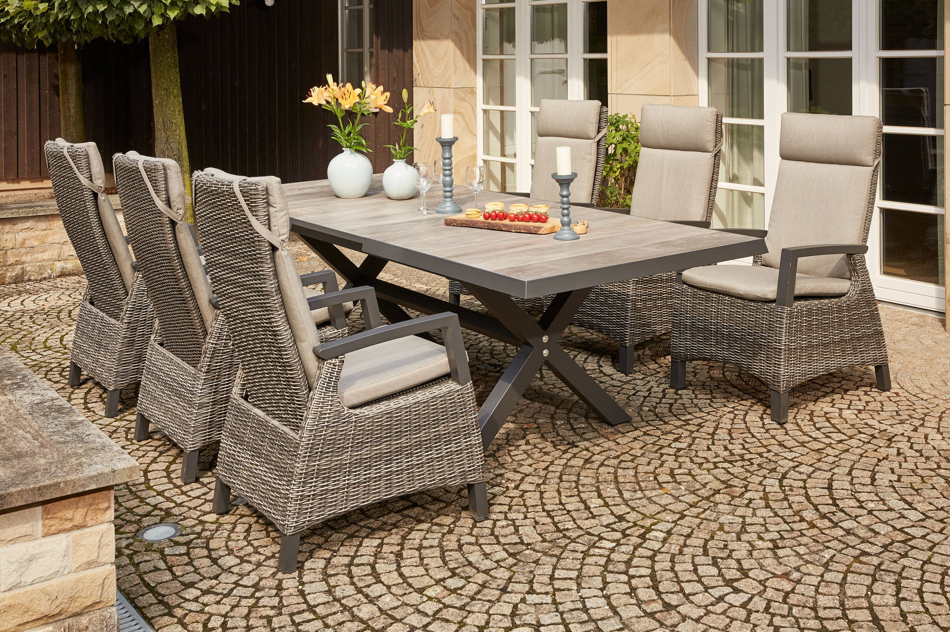 SIENA GARDEN Corido / Sincro Conjunto de comedor de jardín, carbón, Alu / Trenzado Gardino®, 6 sillones de comedor, mesa extensible 200/260 x 100 cm