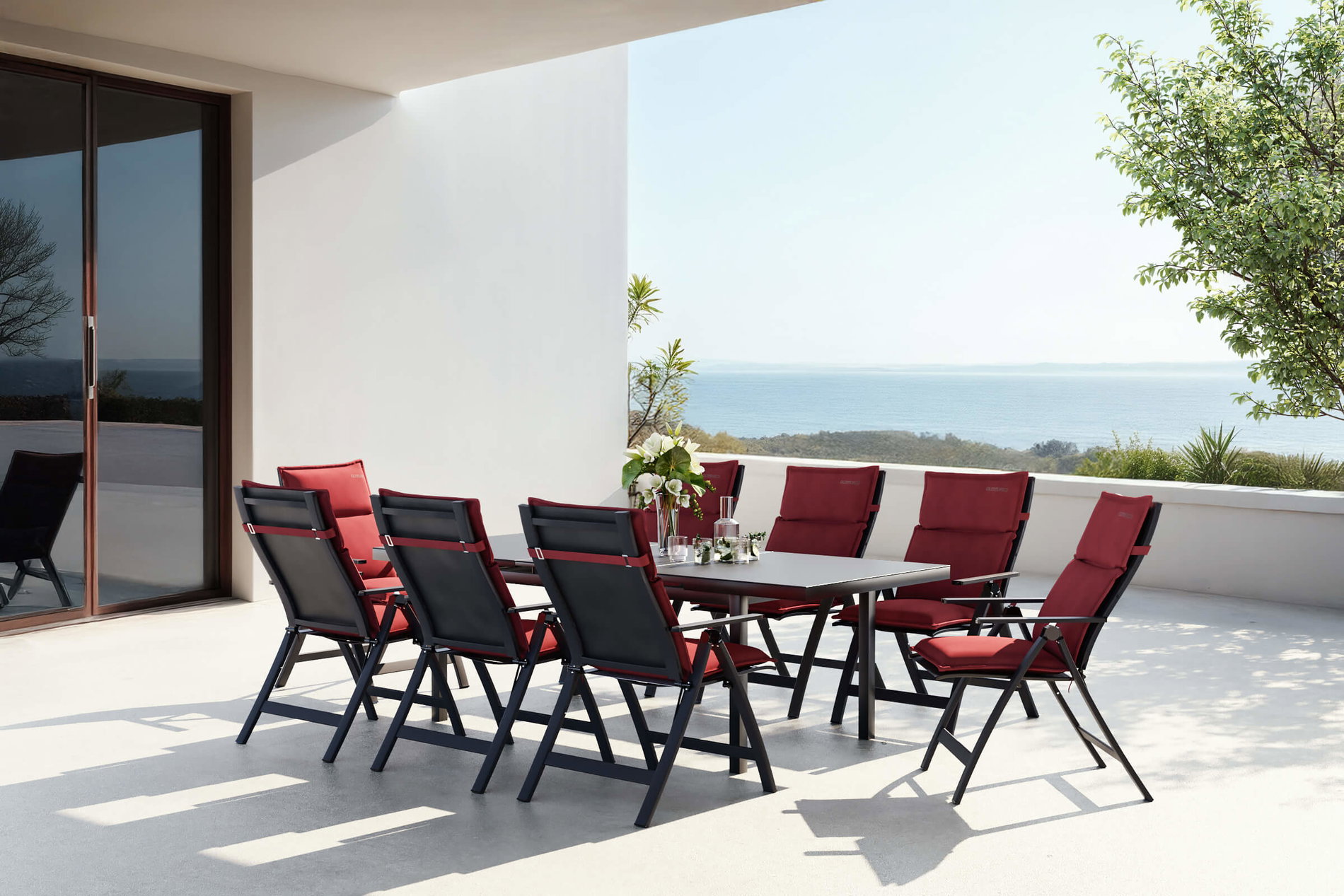Conjunto de comedor de jardín OUTFLEXX Lagos, antracita/burdeos, aluminio/textileno, mesa 180/240 x 100 cm, 8 sillas plegables, incl. cojines Conjunto de comedor de jardín OUTFLEXX Lagos, antracita/burdeos, aluminio/textileno, mesa 180/240 x 100 cm, 8 sillas plegables, incl. cojines