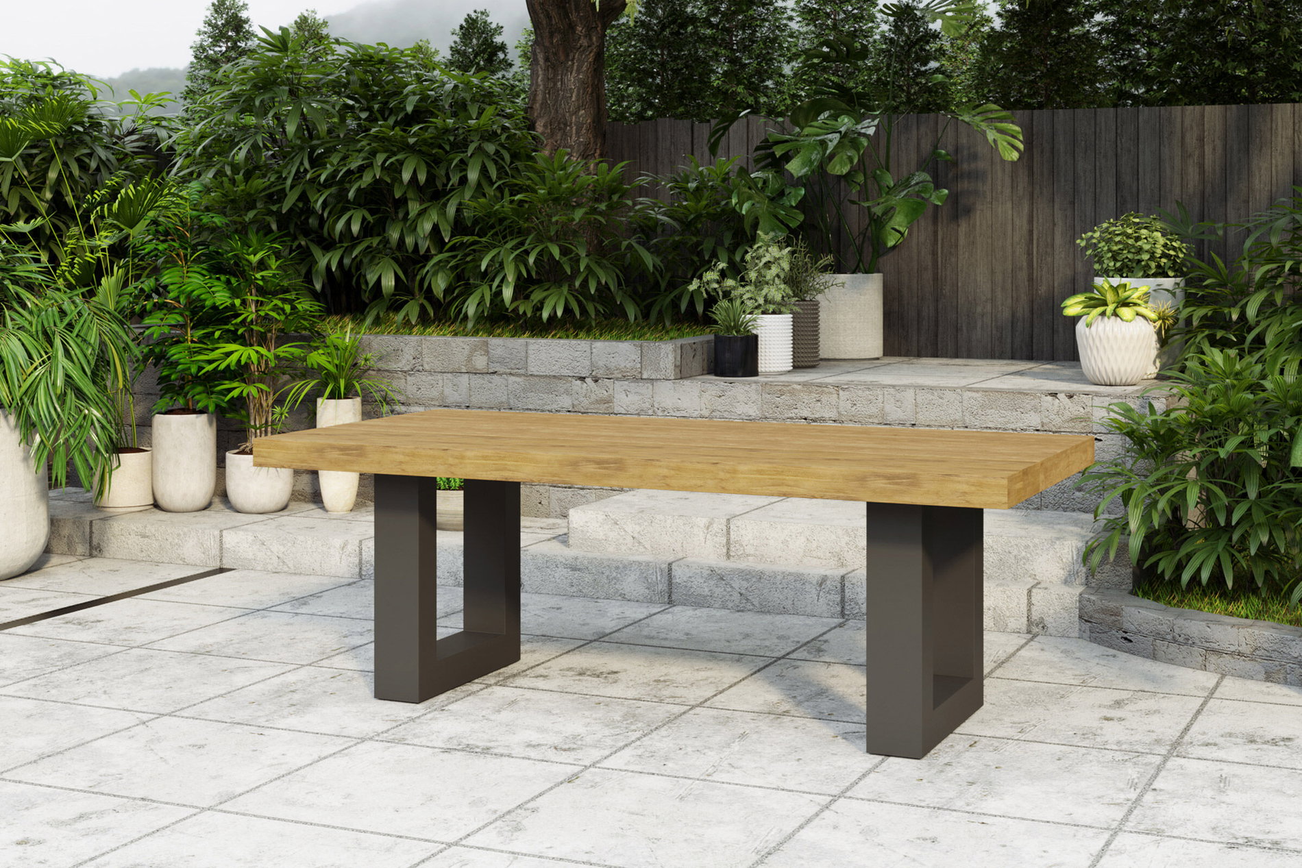 OUTFLEXX Mesa de comedor, antracita/natural, Alu/teca reciclada, 220 x 100 cm, rústico cepillado, producto certificado FSC®