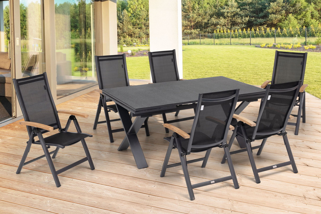 OUTFLEXX Conjunto de comedor para jardín, antracita mate OUTFLEXX®, Aluminio / Spraystone / Teca, Mesa 180/280x100cm, 6 sillas plegables 22124__1