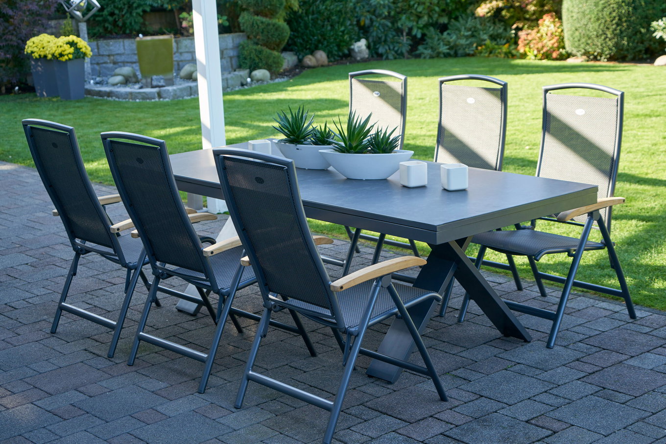 HARTMAN Modelo especial Xanadu / Raffaelo Conjunto de comedor de jardín, xerix/antracita, Alu/Vitrocerámica, 6 sillas plegables, 220/280x100cm 21093__1