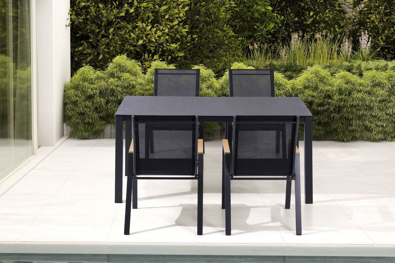 OUTFLEXX Conjunto de comedor de jardín, antracita mate/negro, Alu/Spraystone/Textilen, 160x95 cm, 4 sillas apilables 28192__1