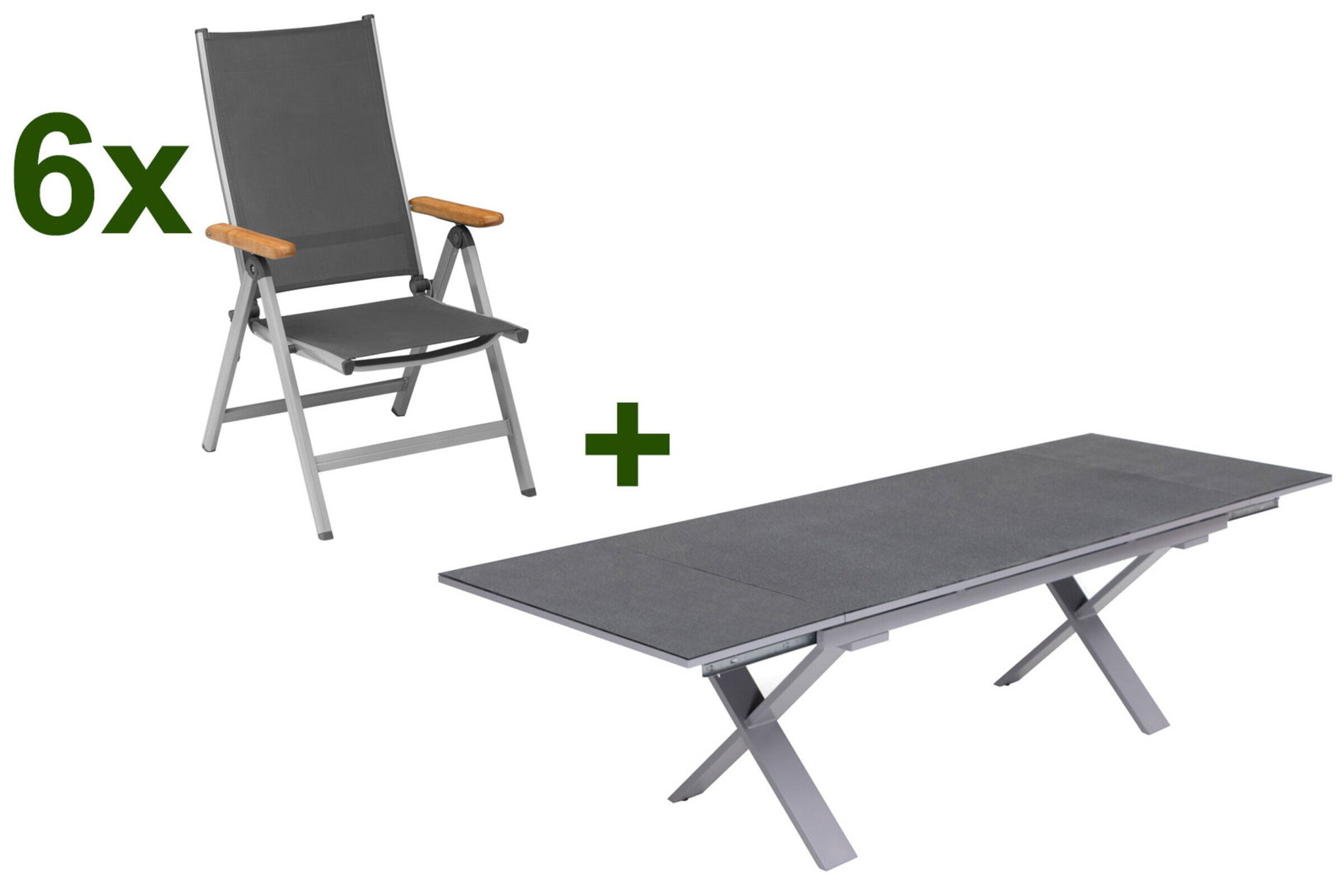 KETTLER Granada Conjunto de comedor de jardín, plata / antracita, aluminio / Spraystone / teca, mesa 180/280x100cm, 6 sillas plegables 23016__1
