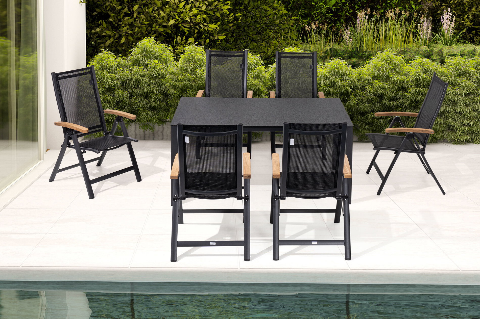 Conjunto de comedor de jardín OUTFLEXX, antracita mate, Alu/Spraystone/Textilene, 160x95 cm, 6 sillas plegables, reposabrazos de teca 28181__1