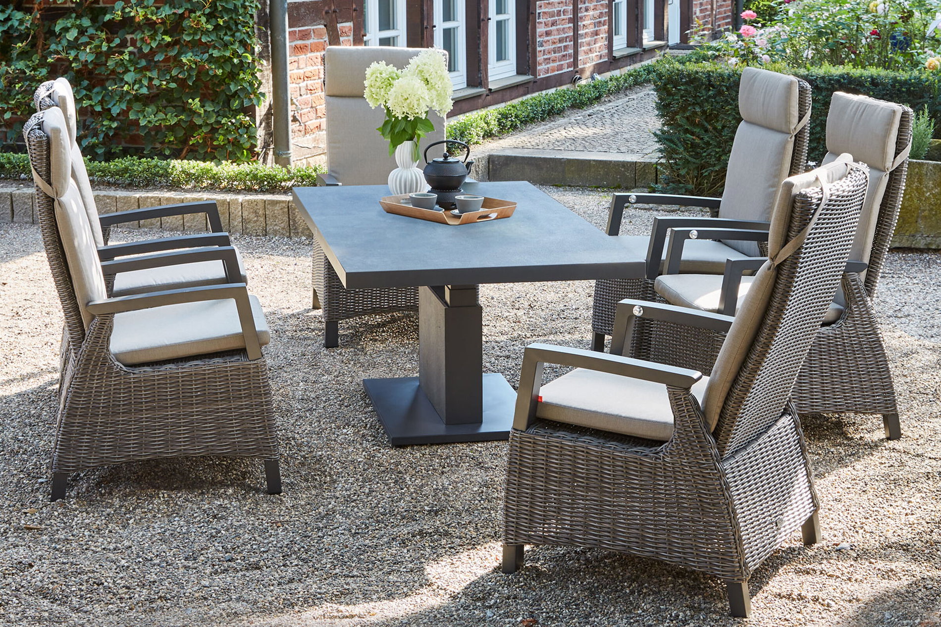 SIENA GARDEN Corido/Bellani Gris Conjunto lounge de jardín, charcoal/antracita/gris, Alu/Trenzado Gardino®, Mesa elevable 160x90 cm, 6 Sillones Dining Move 22116__1